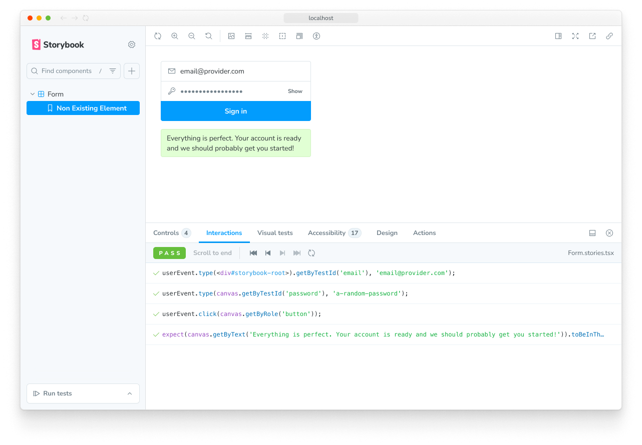 Storybook with a LoginForm component and passing interactions in the Interactions panel